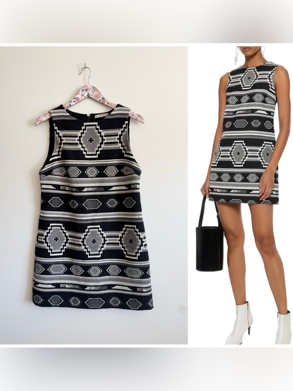 NWOT ALICE + OLIVIA Clyde Aztec Tribal Pattern Dress Black White Size 8